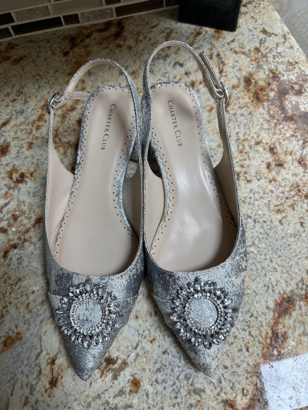 Charter Club Silver Embellished Pointed Slingback Mules